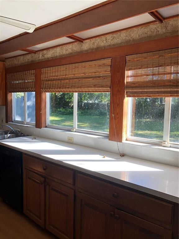 Kitchen windows look out over very large back yard