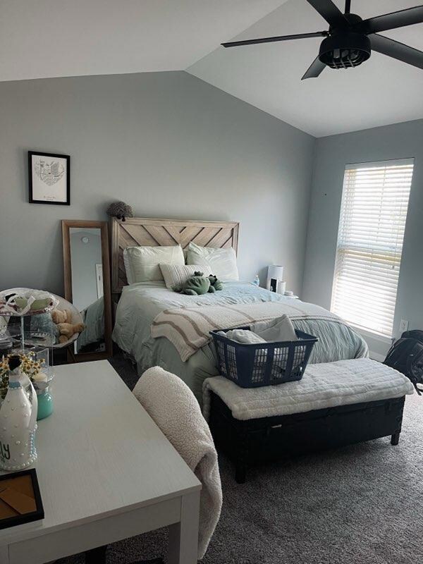 Carpeted bedroom featuring lofted ceiling and cei