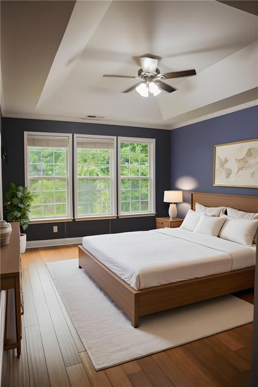 Bedroom with a tray ceiling, multiple windows, and wood finished floors