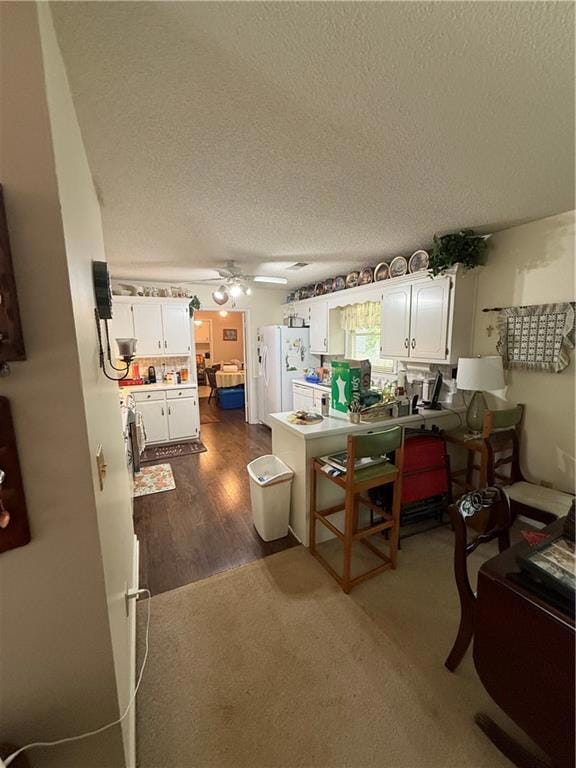 Kitchen with ceiling fan, a textured ceiling, whit
