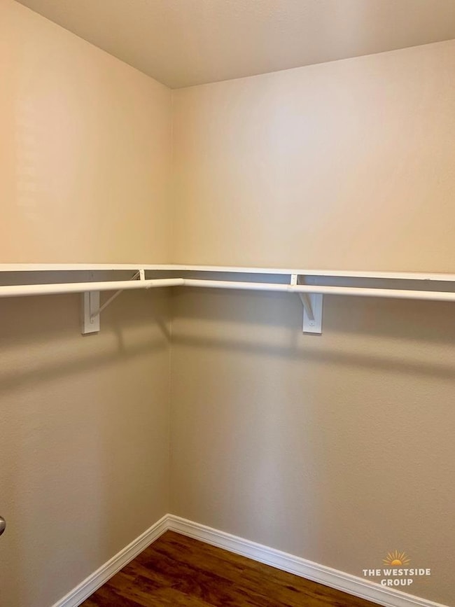 Walk in closet with dark wood finished floors