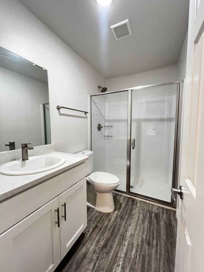 Bathroom with vanity, dark wood-style floors, and a shower stall
