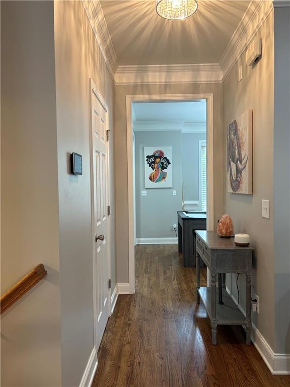 Hall with crown molding and dark wood-style floors
