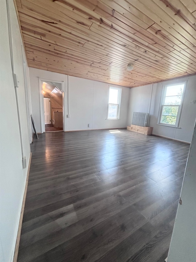 Empty room with wooden ceiling, healthy amount of natural light, and dark wood-style flooring