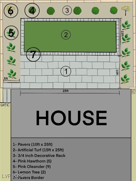 Rear yard paver patio with synthetic turf, and pla