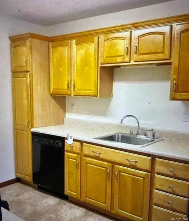 Kitchen featuring light countertops, black dishwasher, and brown cabinets