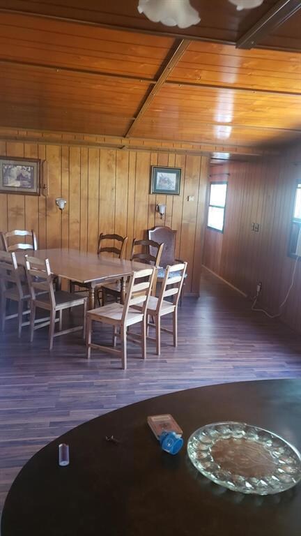 Dining area featuring wood walls, wooden ceiling, 