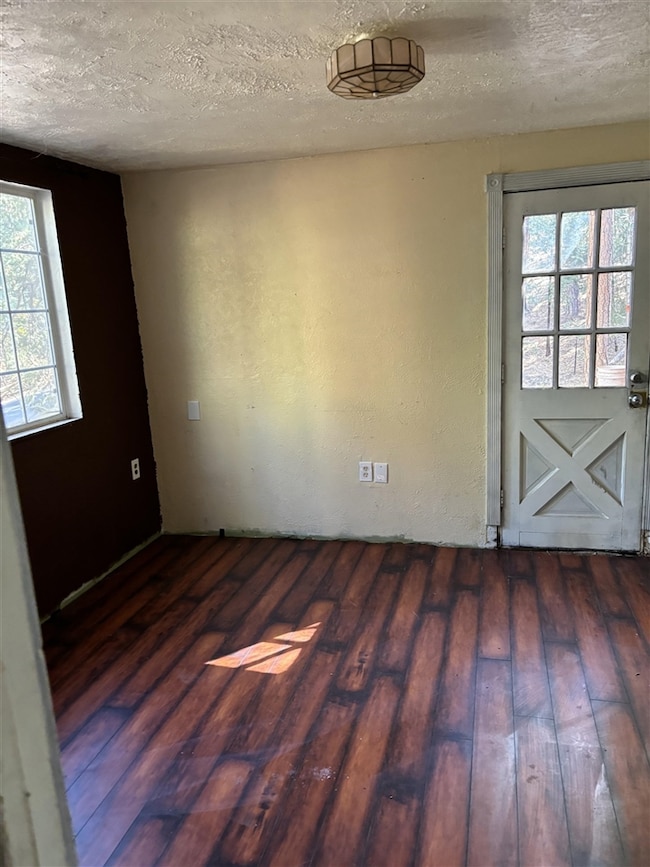 Unfurnished room with a textured ceiling, dark hardwood / wood-style floors, and a healthy amount of sunlight