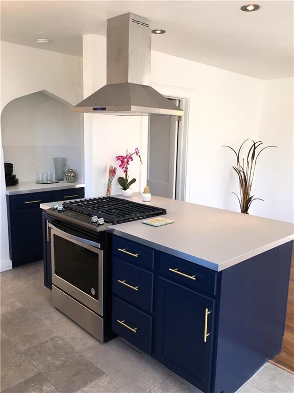 Open Kitchen with Navy base cabinets, White upper 