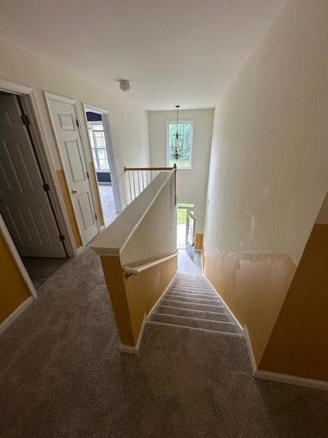 Staircase featuring carpet and a chandelier