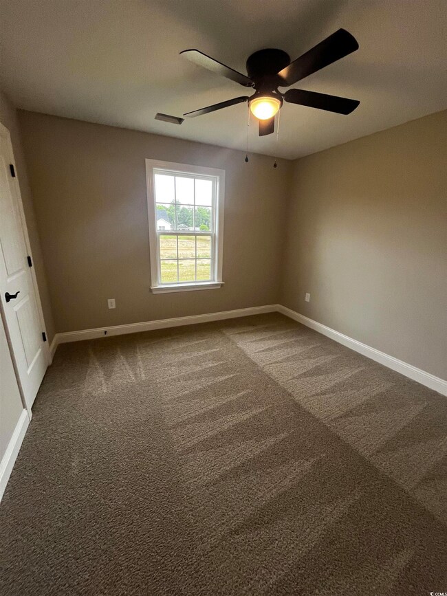 Carpeted spare room with baseboards and ceiling fa