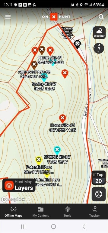 OnX Hunt Screen Shot (Zoomed In View) with homesites, springs, perc sites and habitat. All boundary lines are approximate via OnX Hunt