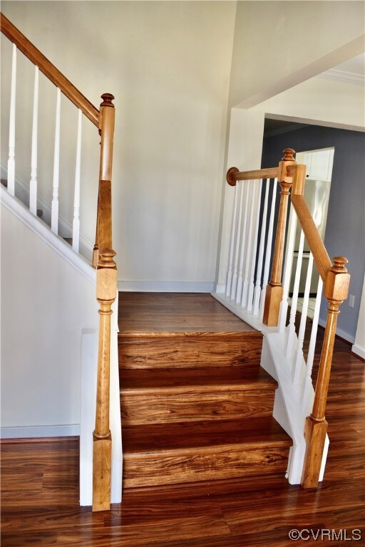 Staircase featuring dark wood-type flooring and cr