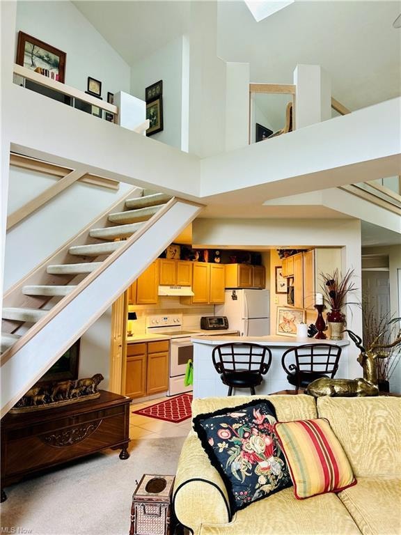 Carpeted living room with a skylight and a Vulted 