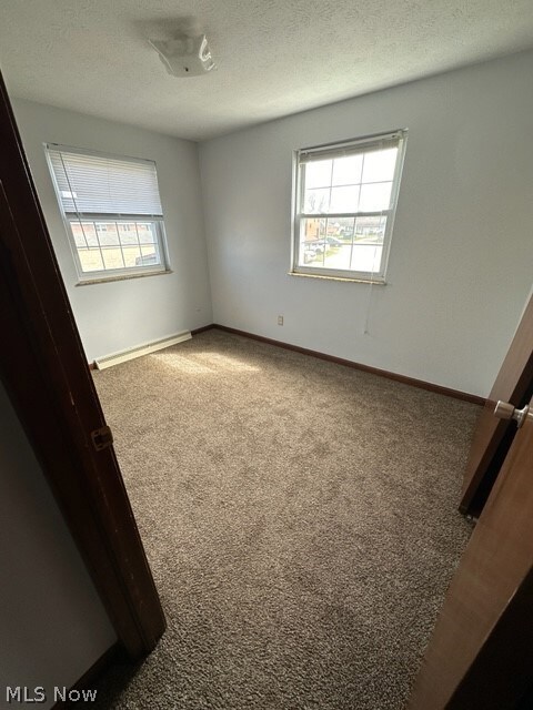 Spare room with plenty of natural light, carpet floors, a textured ceiling, and a baseboard heating unit