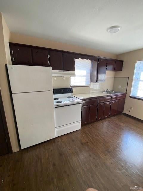 Kitchen featuring dark wood-type flooring, sink, and white appliances