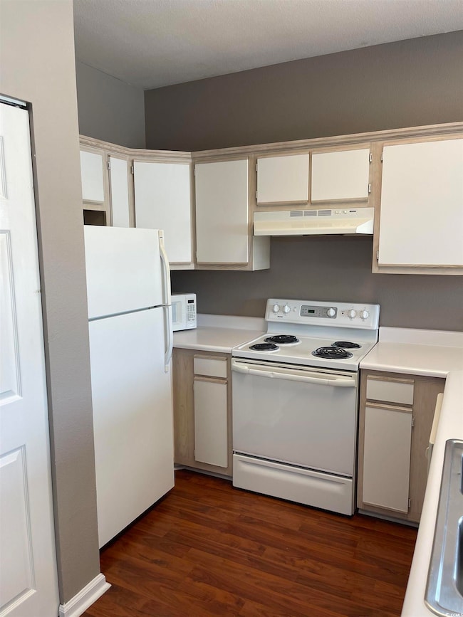 Kitchen featuring dark wood-type flooring, light c