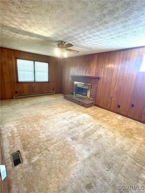 Family Room, carpet floors, and a fireplace