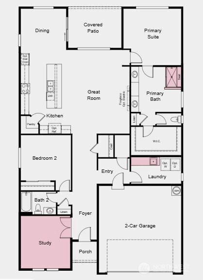 Additional Highlights Include: Study in place of flex, deluxe shower at primary bath, base cabinets and sink at laundry, and 8' interior doors.