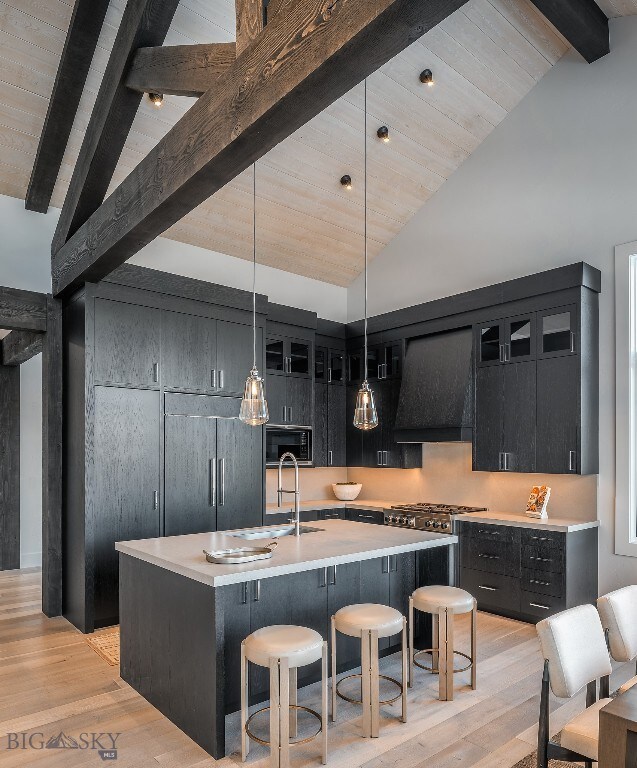 Photo of cool scheme open concept kitchen and furn