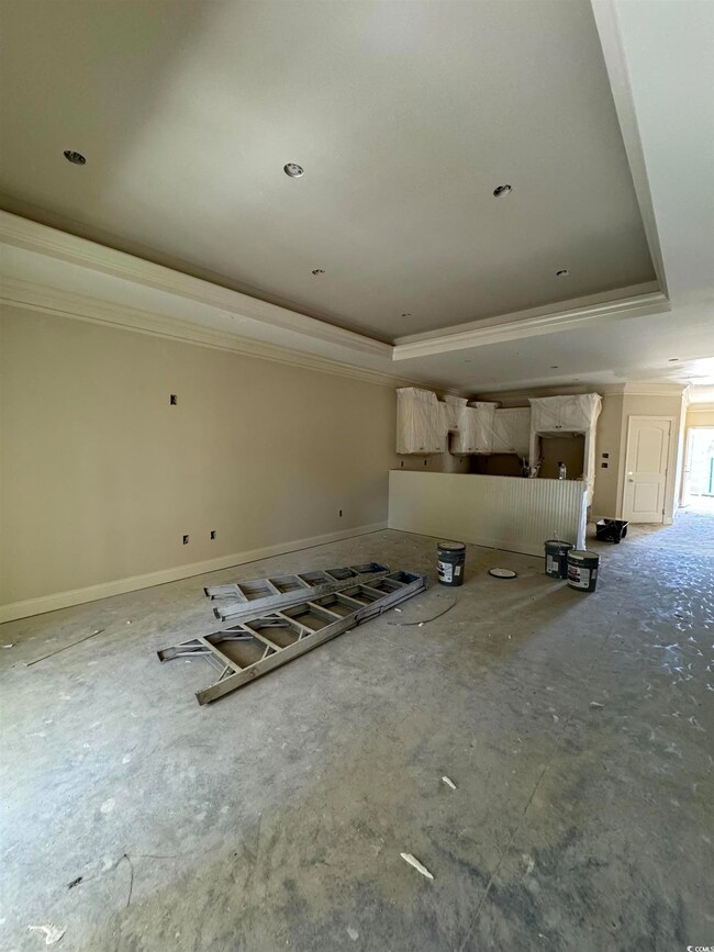 Interior space with crown molding and a raised cei