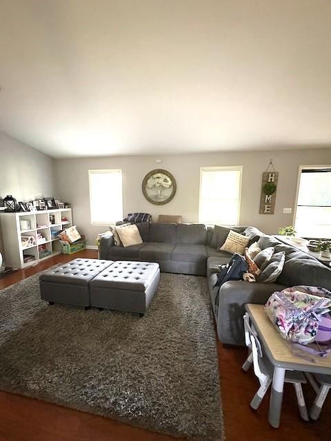 Living area with healthy amount of natural light and dark wood-style floors