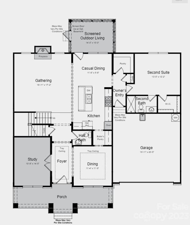 Structural options include: tray ceilings at foyer, owner’s suite and dining room, second suite 2 with tub,  shower ledge at owner's bath, study, screened covered outdoor living, door from owner's closet to laundry, additional windows, fireplace, metal roof, and laundry sink.