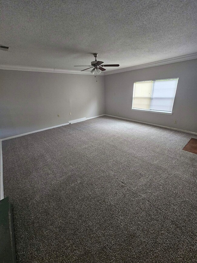 Spare room featuring a ceiling fan, carpet, a textured ceiling, crown molding, and baseboards
