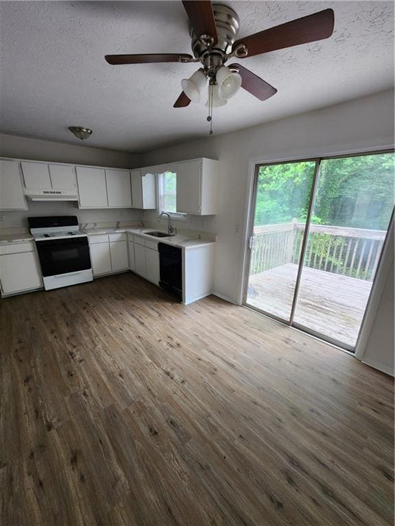 Kitchen with range, dishwasher, a sink, dark wood-type flooring, and light countertops