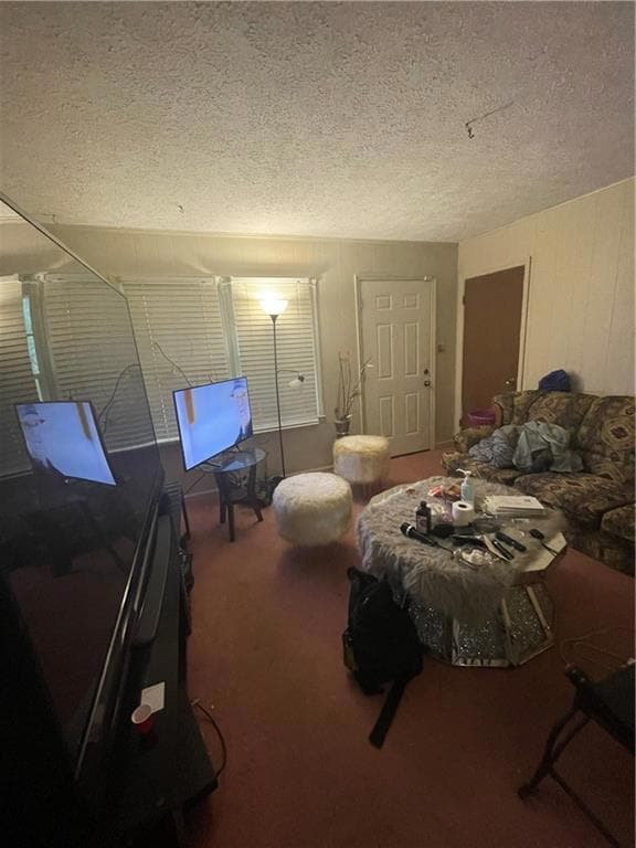 Carpeted bedroom featuring a textured ceiling