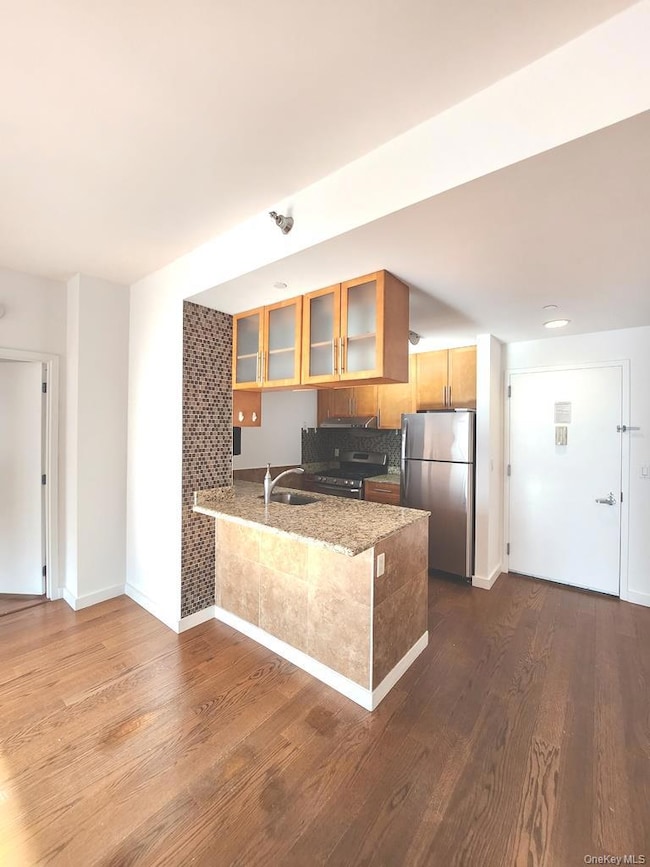 Kitchen featuring appliances with stainless steel finishes, glass insert cabinets, a peninsula, and dark wood-style floors