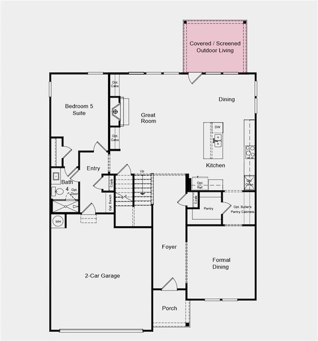 First Floor Plan - Additional highlights include: a covered back patio, quartz countertops, and a soaking tub with a separate shower in the primary bathroom