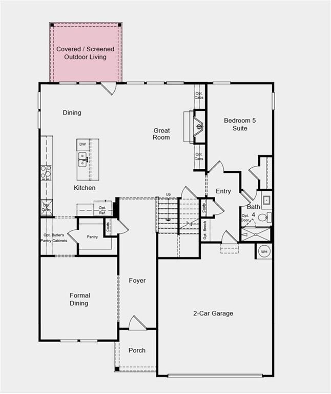 First Floor Plan -  Additional highlights include: standalone stub and shower at primary bath and covered patio