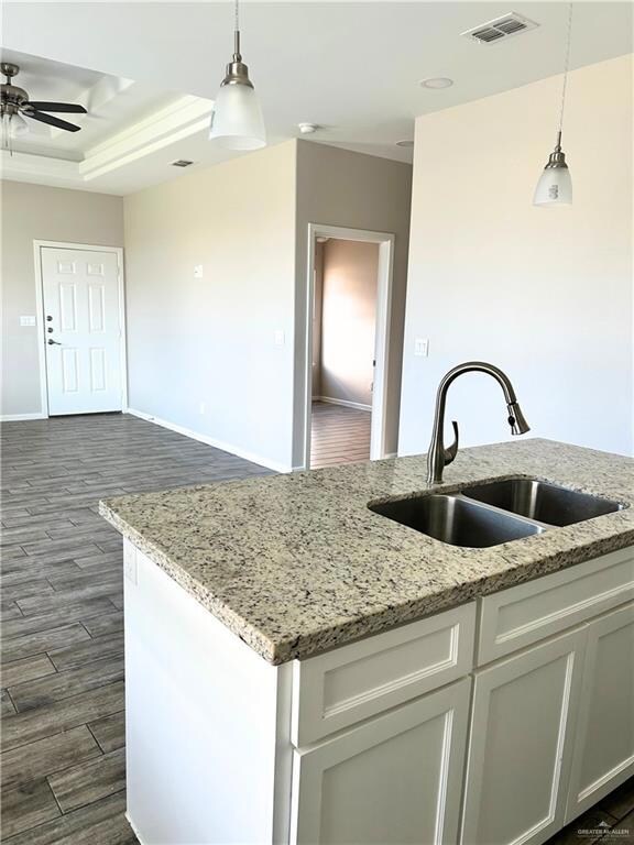 Kitchen featuring white cabinetry, dark wood finished floors, a sink, and visible vents