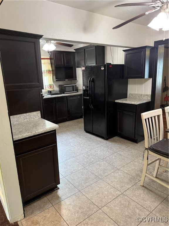 Kitchen with refrigerator, ceiling fan, dishwashin