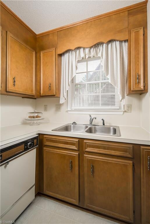 Kitchen sink, dishwasher, front window.