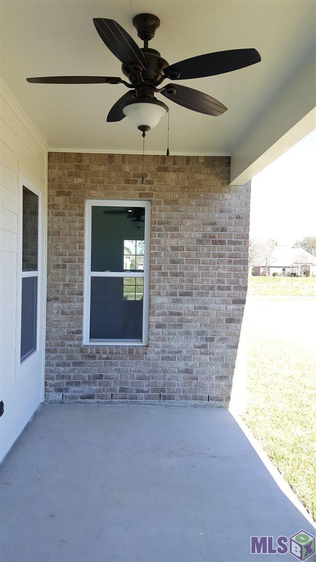 Large covered side porch with ceiling fan and gas 