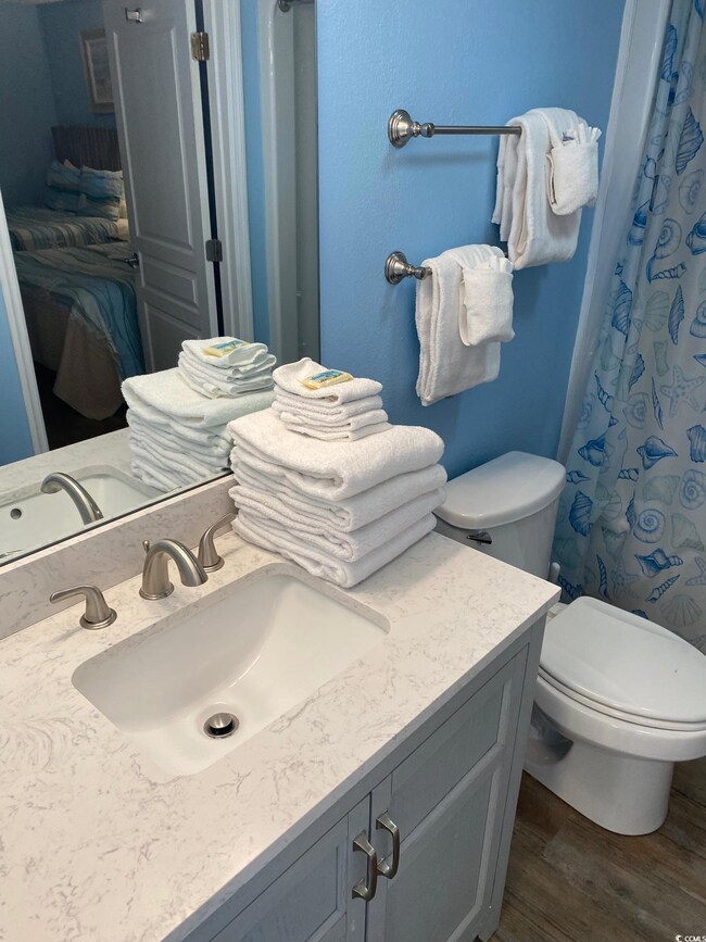 Bathroom featuring vanity, toilet, and hardwood / 