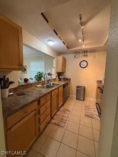 Kitchen with brown cabinets, track lighting, dishw