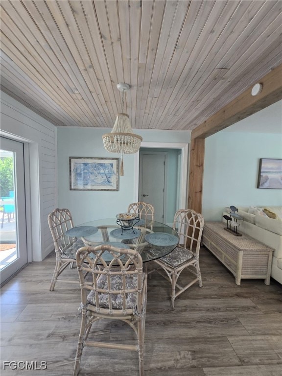 Dining space with wooden ceiling, wood finished floors, and wood walls