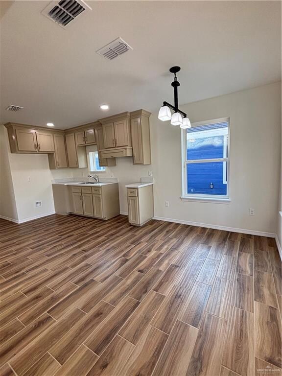 Kitchen with dark wood-type flooring, sink, and hanging light fixtures