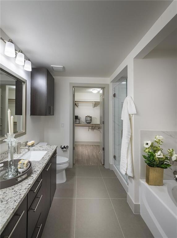 Full bathroom featuring tile floors, plus walk in shower, vanity, and toilet