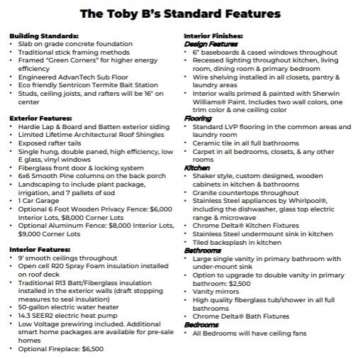 Toby B Standard Features - All plans, pricing, & s