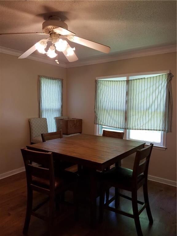 Large dining room with several windows , ceiling f