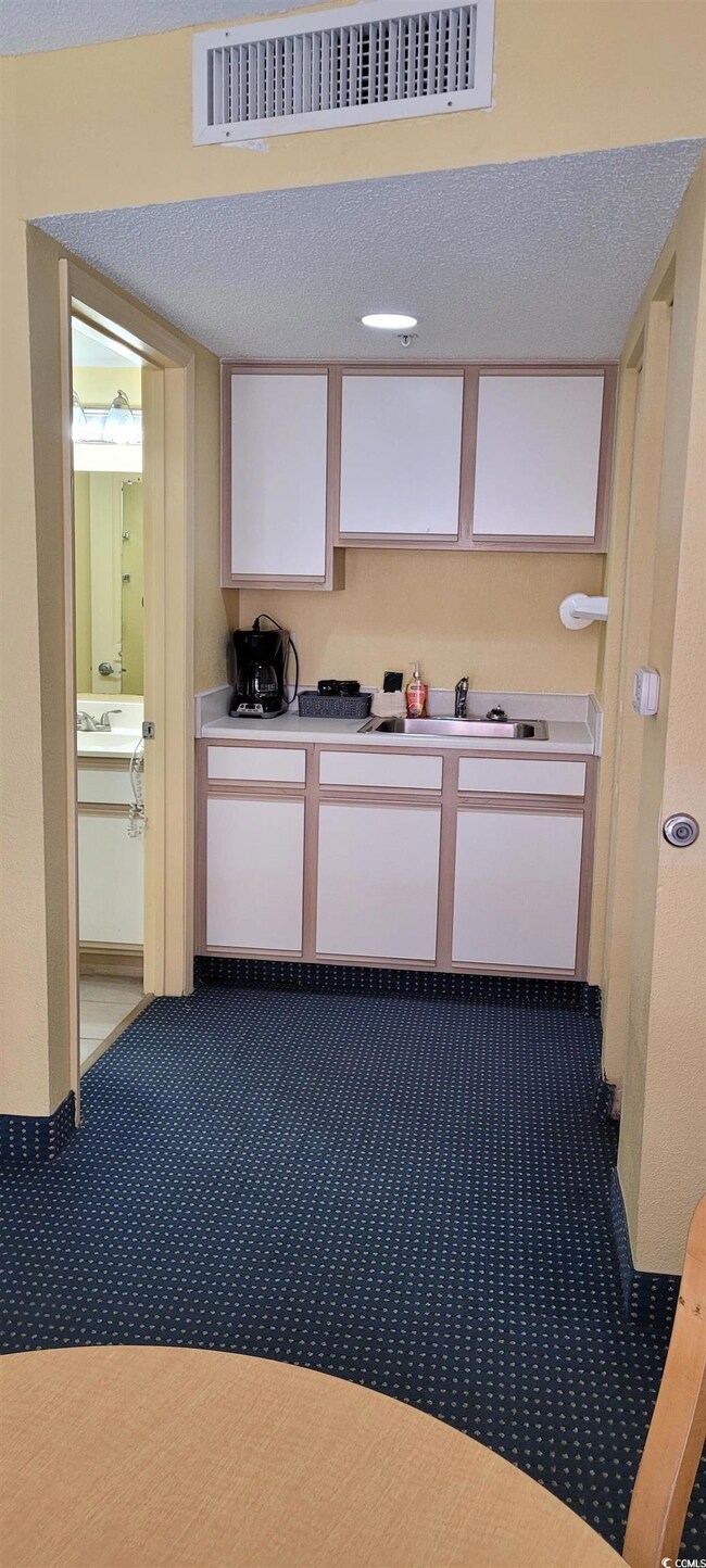 Kitchen with dark colored carpet, sink, and a text