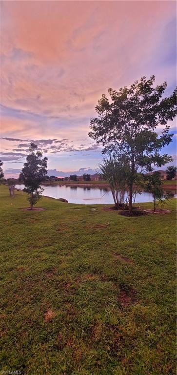 View of grassy yard featuring a water view