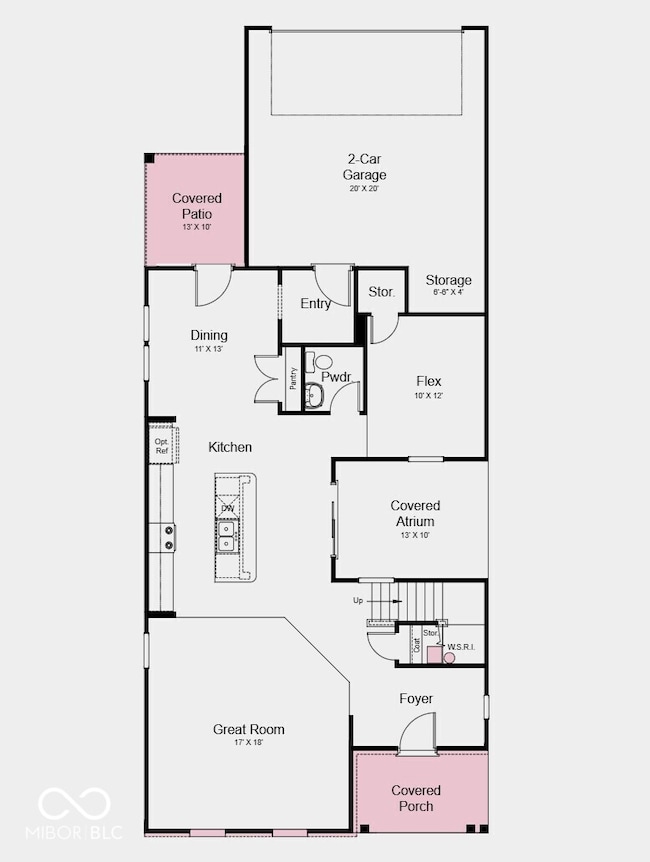 First Floor Plan - Additional highlights include: covered front porch, covered atrium at side of home, additional storage space in garage, additional secondary bedroom added to the second floor, and water softener rough-in located under the stairs