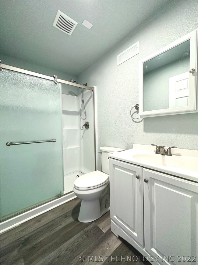 Primary bathroom with new vanity, and shower with