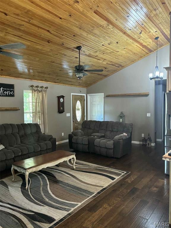 Living room with dark wood-type flooring, wooden ceiling, a ceiling fan, and lofted ceiling