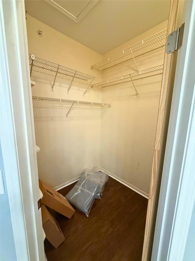 Spacious closet with dark wood-style floors